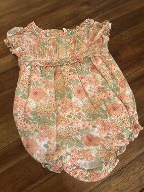 Janie and Jack Peach, Sage & Cream Floral Smocked Romper 12-18 mos